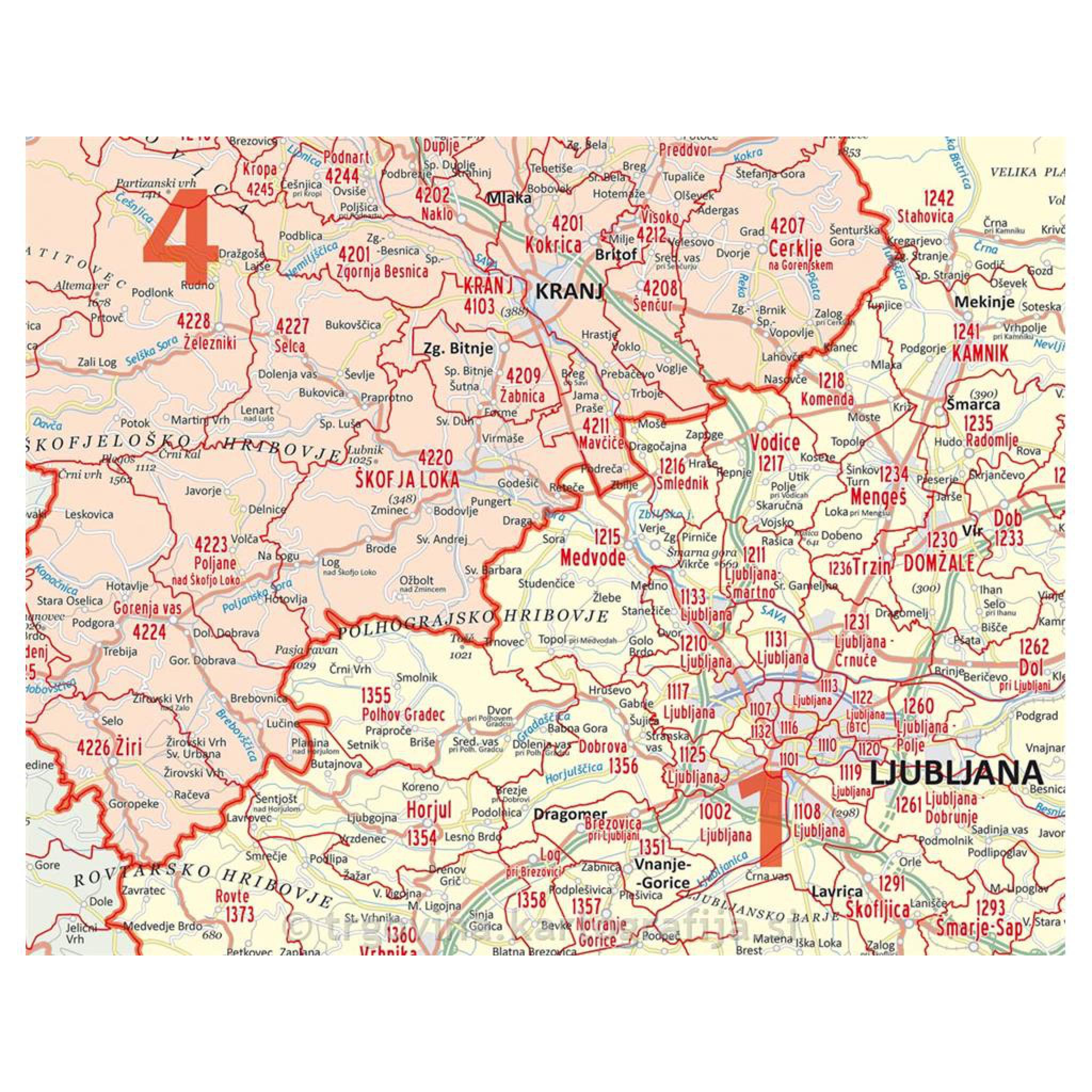 Stenski zemljevid Slovenije s poštnimi številkami - zemljevidi.net